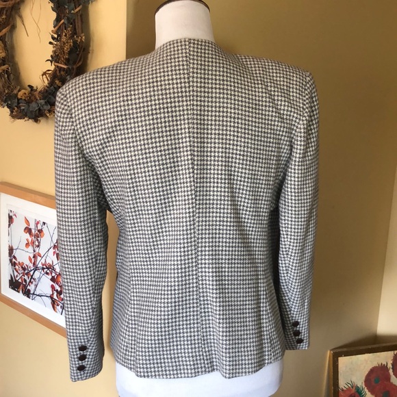 Vtg 90s Y2K DAVID N Houndstooth Plaid Wool Blazer Soft Gray & Ecru Crop DoubleB - Picture 4 of 10